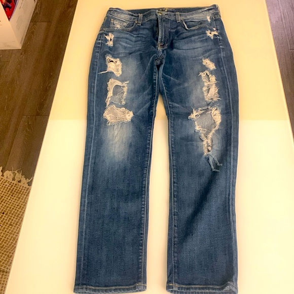 7 For All Mankind Blue Distressed Straight Leg Jeans - Picture 1 of 8